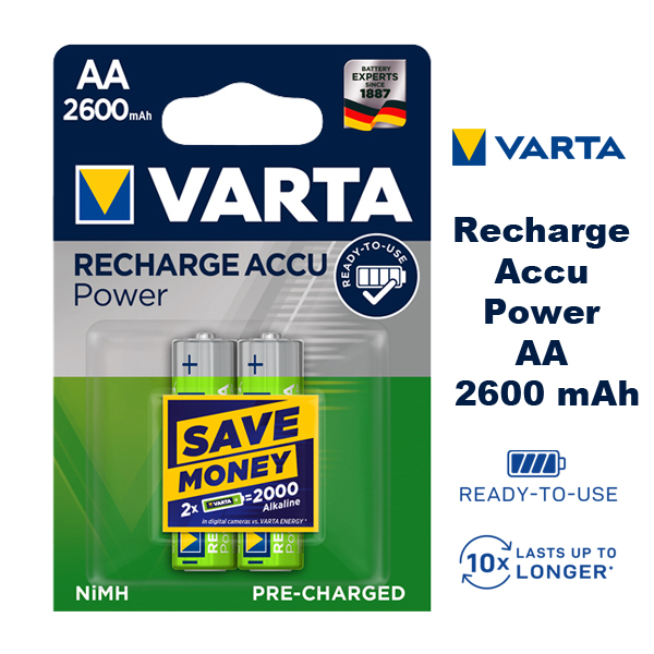 Акумулаторни батерии VARTA Recharge Accu Power AA 2600 mAh NiMH 1.2V 2 броя акумулаторни батерии NM1500, AA, LR6, HR6, DC1510