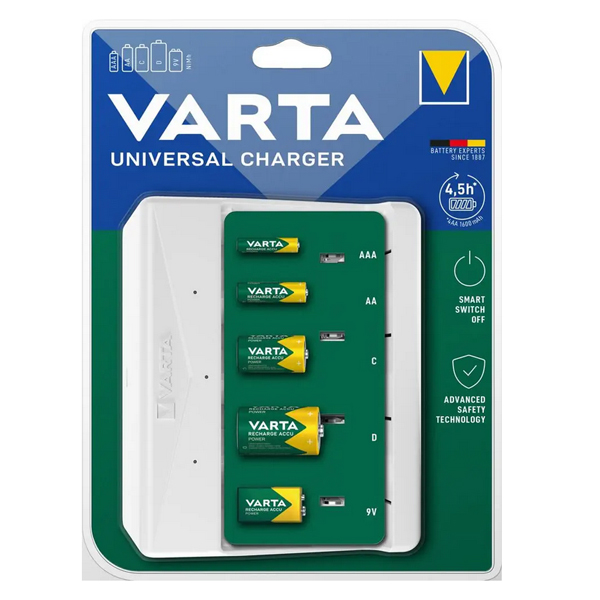 VARTA PowerMaster Universal Charger, Зарядно устройство, Зарежда 2 или 4 AA, AAA, C, D или 1 брой 9V