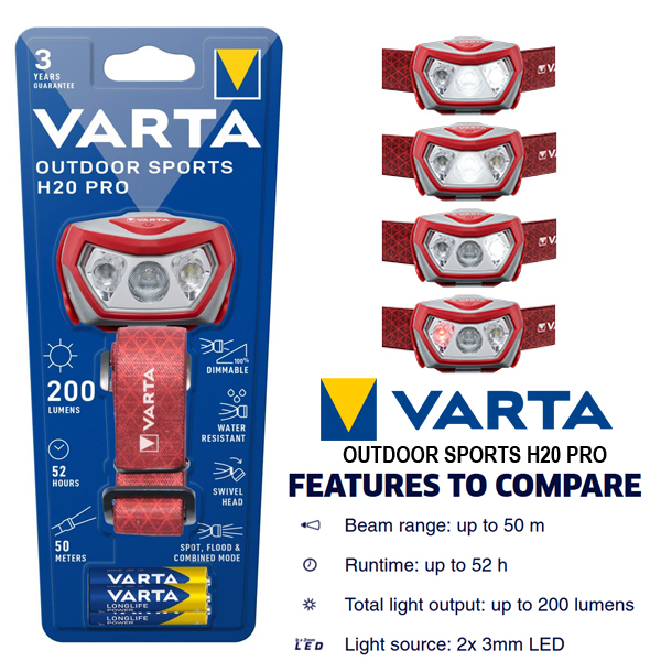VARTA Outdoor Sports H20 Pro Челник LED, Димираща функция, 200 лумена, Обхват на лъча 50 метра, Издържливост до 52 часа, Бяла