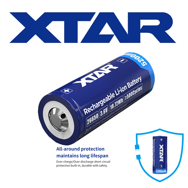 Батерия XTAR 26650 5200mAh 3.6V BUTTON TOP с пъпка към плюса и електронна защита Батерия XTAR 26650 5200mAh 3.6V BUTTON TOP с пъпка към плюса и електронна защита