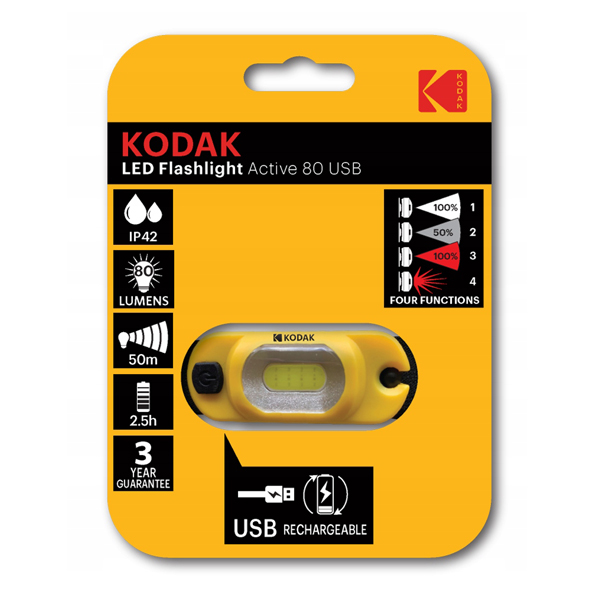 Акумулаторен челник KODAK Active 80 USB предлага 4 режима на осветление, удобна функция за въртене на 365 ° и мощност от 80 лу Акумулаторен челник KODAK Active 80 USB предлага 4 режима на осветление, удобна функция за въртене на 365 ° и мощност от 80 лу