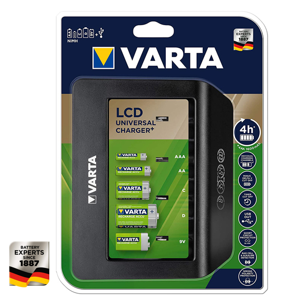 VARTA LCD UNIVERSAL CHARGER+ зарядно с дисплей за всякакъв размер батерии AAA, AA, C, D, 9V за 1 до 4 батерии от размери AA/AA VARTA LCD UNIVERSAL CHARGER+ зарядно с дисплей за всякакъв размер батерии AAA, AA, C, D, 9V за 1 до 4 батерии от размери AA/AA