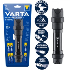 ARTA INDESTRUCTIBLE F30 PRO - Издръжлив фенер с LED осветление, 6 вата и яркост от 650 лумена, с водоустойчивост IP67. Изработен от алуминий и преминал тест за падане от 9 метра. Обхват на лъча до 279 метра и времетраене до 75 часа.